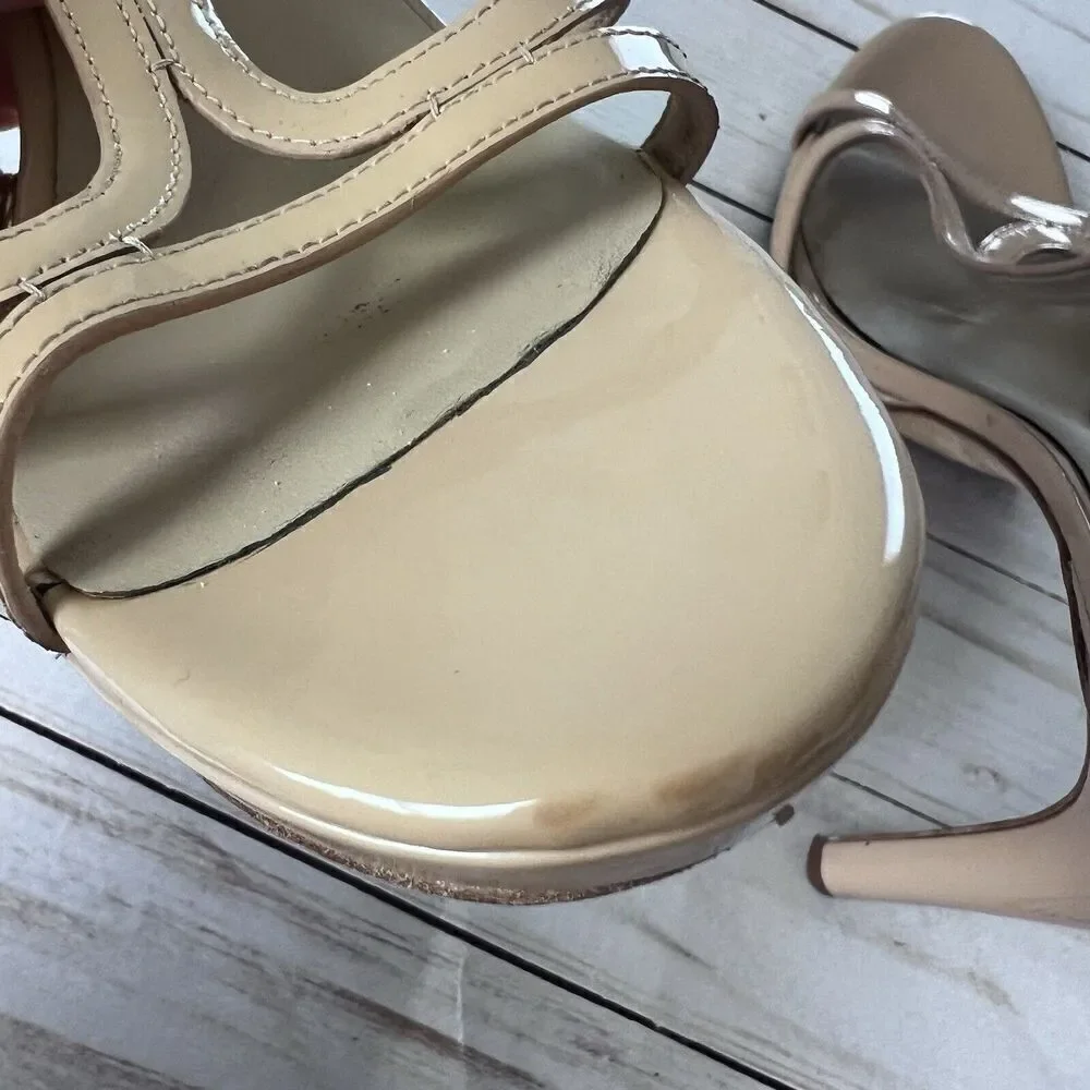 Tory Burch Shelley Heels Nude T Strap Stiletto Patent Leather Womens Size 9